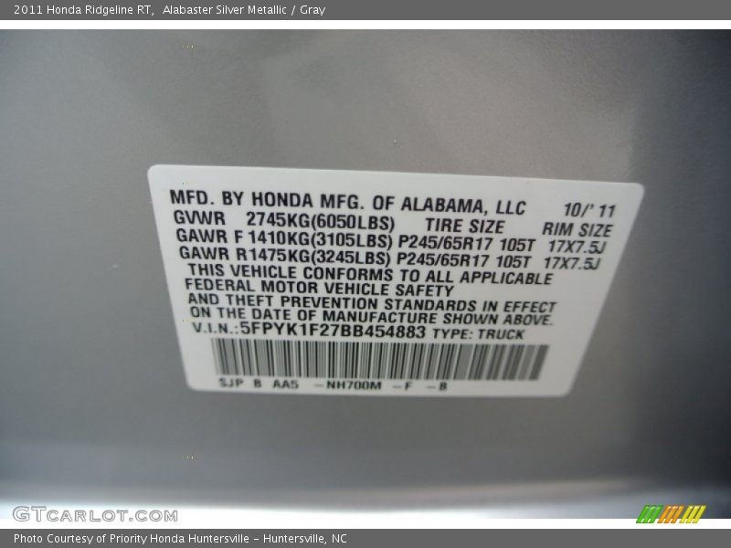 2011 Ridgeline RT Alabaster Silver Metallic Color Code NH700M