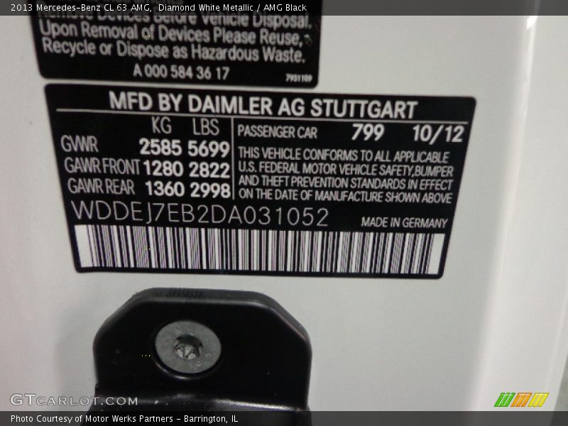 2013 CL 63 AMG Diamond White Metallic Color Code 799