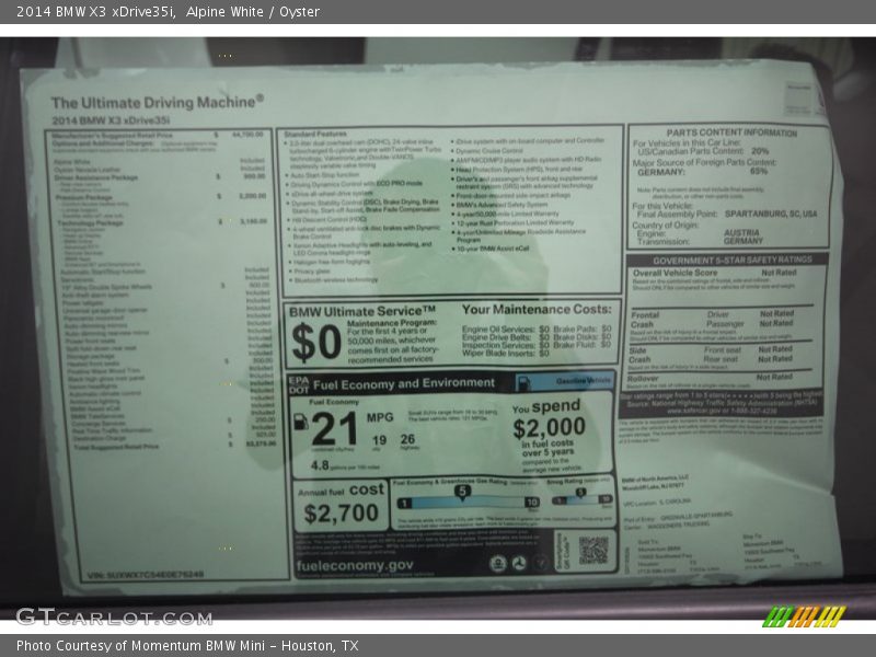  2014 X3 xDrive35i Window Sticker