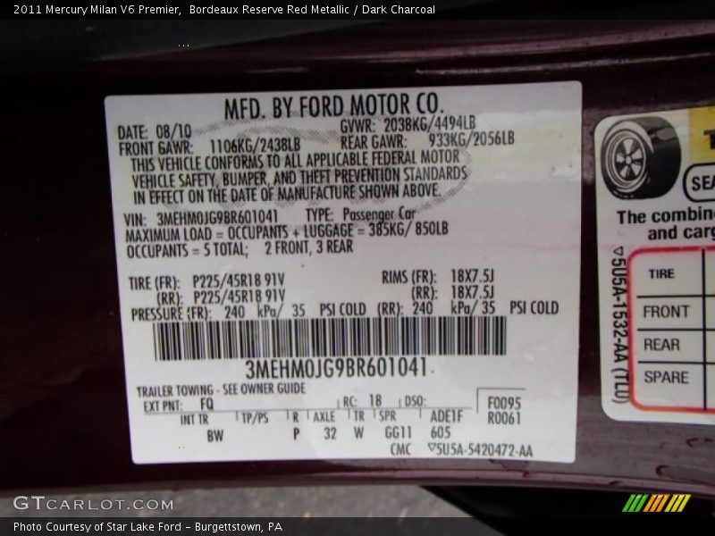 Bordeaux Reserve Red Metallic / Dark Charcoal 2011 Mercury Milan V6 Premier