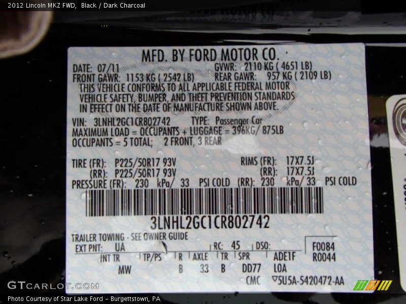 Black / Dark Charcoal 2012 Lincoln MKZ FWD