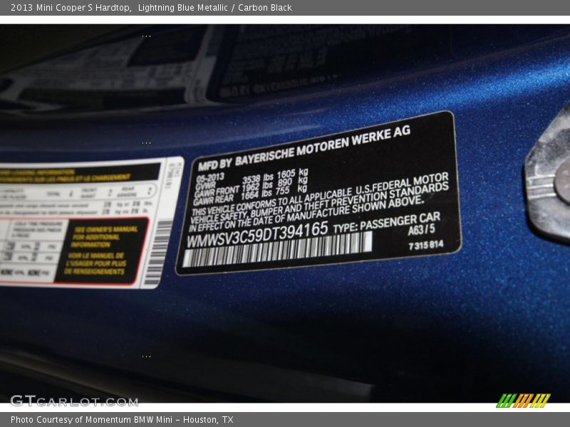 Lightning Blue Metallic / Carbon Black 2013 Mini Cooper S Hardtop
