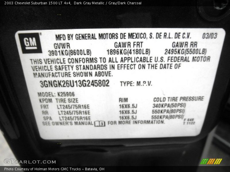 Info Tag of 2003 Suburban 1500 LT 4x4