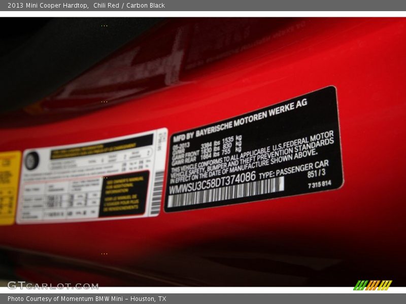 Chili Red / Carbon Black 2013 Mini Cooper Hardtop