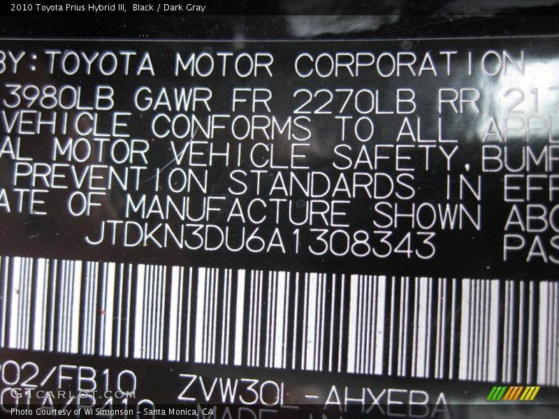 Black / Dark Gray 2010 Toyota Prius Hybrid III