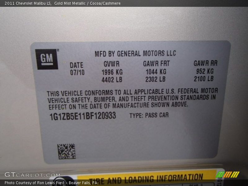 Gold Mist Metallic / Cocoa/Cashmere 2011 Chevrolet Malibu LS