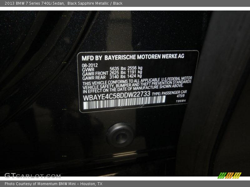 Black Sapphire Metallic / Black 2013 BMW 7 Series 740Li Sedan