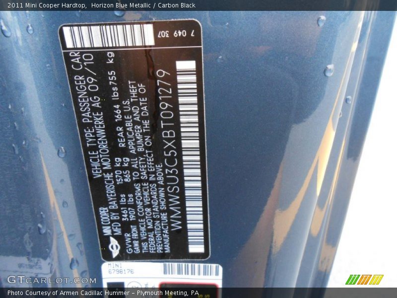 Horizon Blue Metallic / Carbon Black 2011 Mini Cooper Hardtop