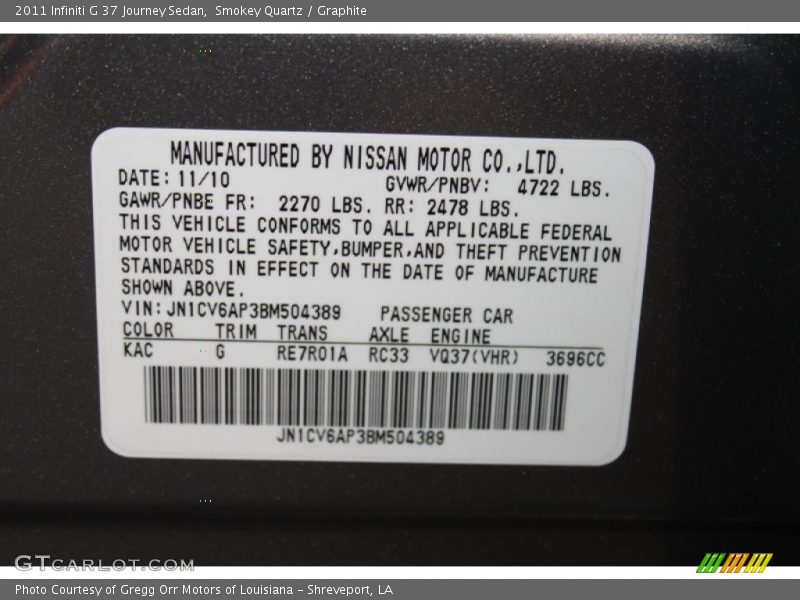 Smokey Quartz / Graphite 2011 Infiniti G 37 Journey Sedan