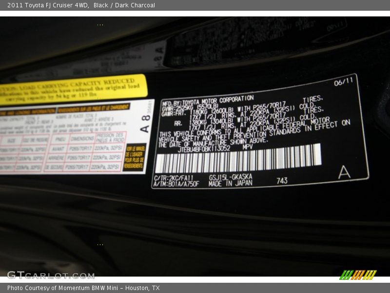 2011 FJ Cruiser 4WD Black Color Code 2KC