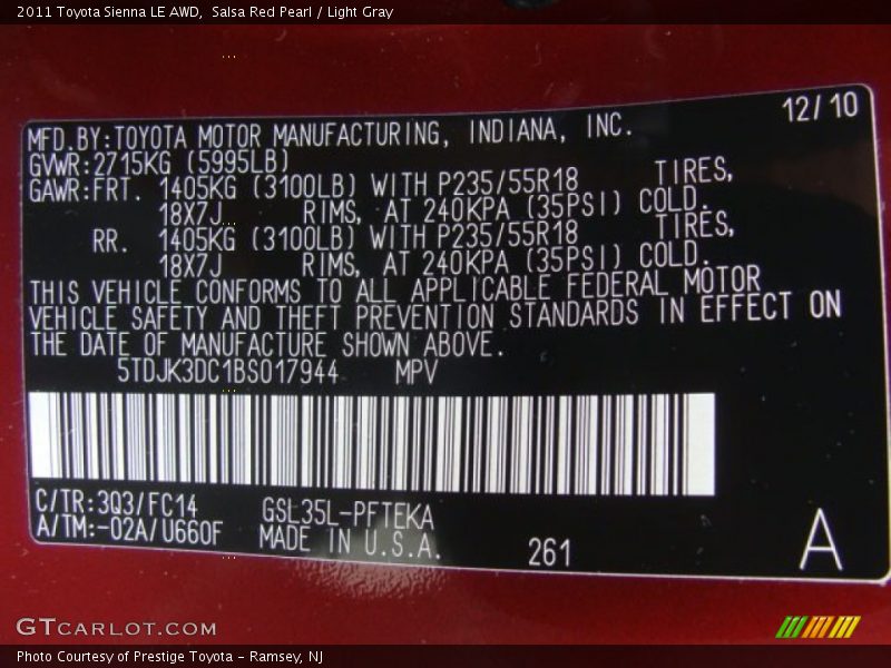 Salsa Red Pearl / Light Gray 2011 Toyota Sienna LE AWD