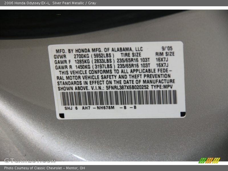 Silver Pearl Metallic / Gray 2006 Honda Odyssey EX-L