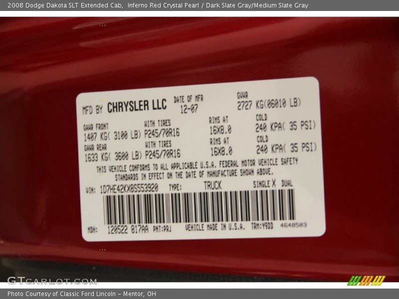 2008 Dakota SLT Extended Cab Inferno Red Crystal Pearl Color Code PRJ