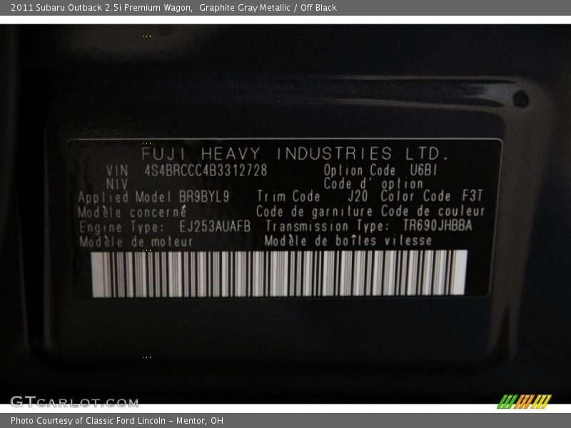 Graphite Gray Metallic / Off Black 2011 Subaru Outback 2.5i Premium Wagon