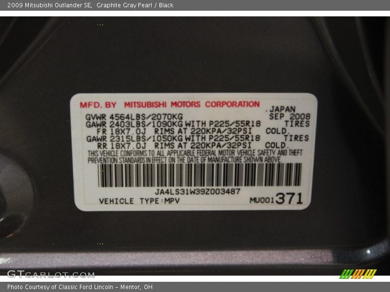 Graphite Gray Pearl / Black 2009 Mitsubishi Outlander SE