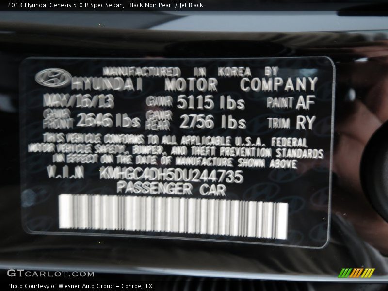 2013 Genesis 5.0 R Spec Sedan Black Noir Pearl Color Code AF