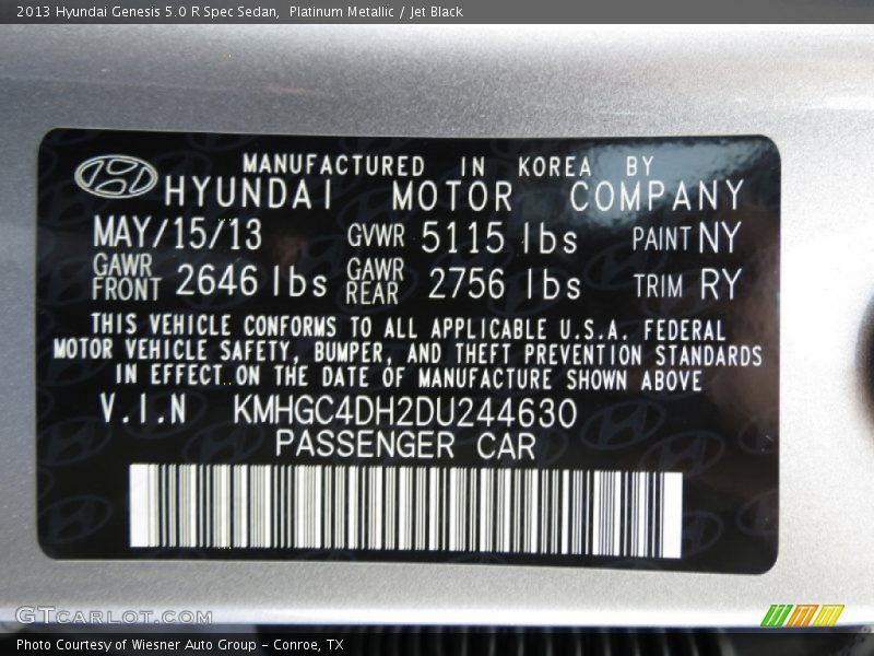Platinum Metallic / Jet Black 2013 Hyundai Genesis 5.0 R Spec Sedan