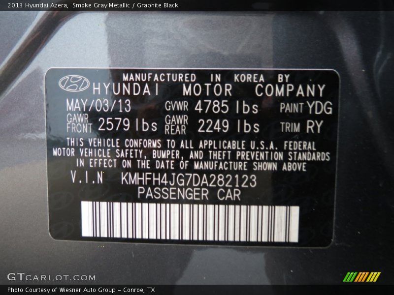 Smoke Gray Metallic / Graphite Black 2013 Hyundai Azera