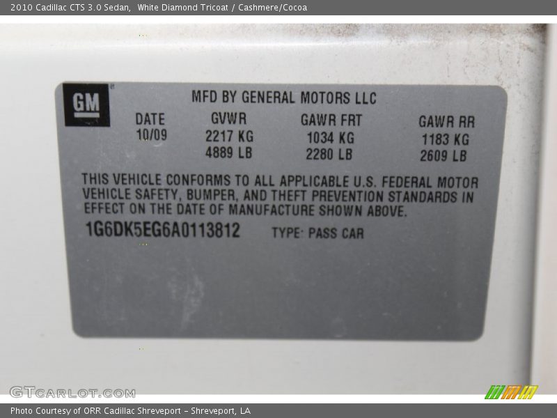 Info Tag of 2010 CTS 3.0 Sedan