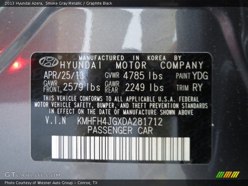 Smoke Gray Metallic / Graphite Black 2013 Hyundai Azera
