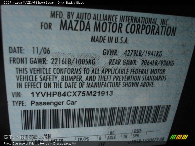 2007 MAZDA6 i Sport Sedan Onyx Black Color Code NN