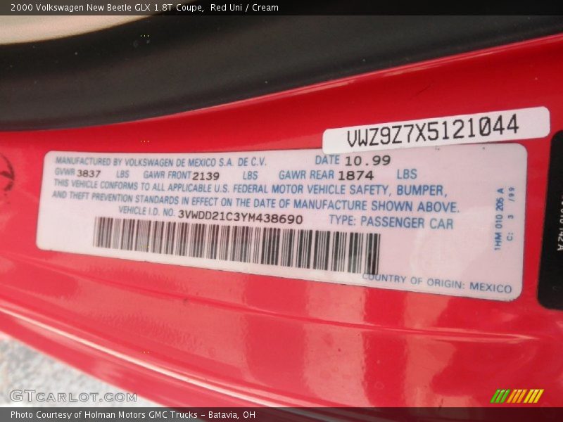 Red Uni / Cream 2000 Volkswagen New Beetle GLX 1.8T Coupe