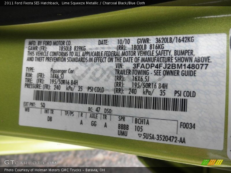 2011 Fiesta SES Hatchback Lime Squeeze Metallic Color Code SQ