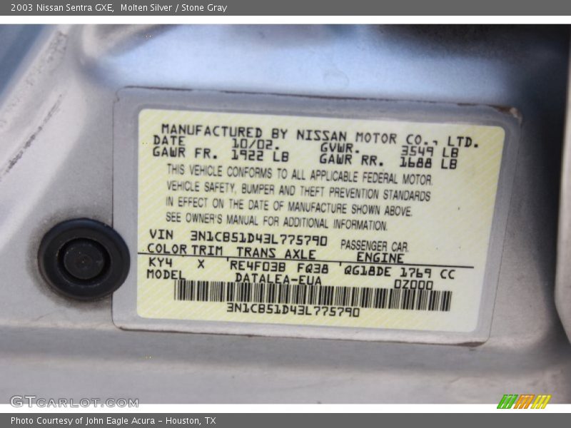 Molten Silver / Stone Gray 2003 Nissan Sentra GXE