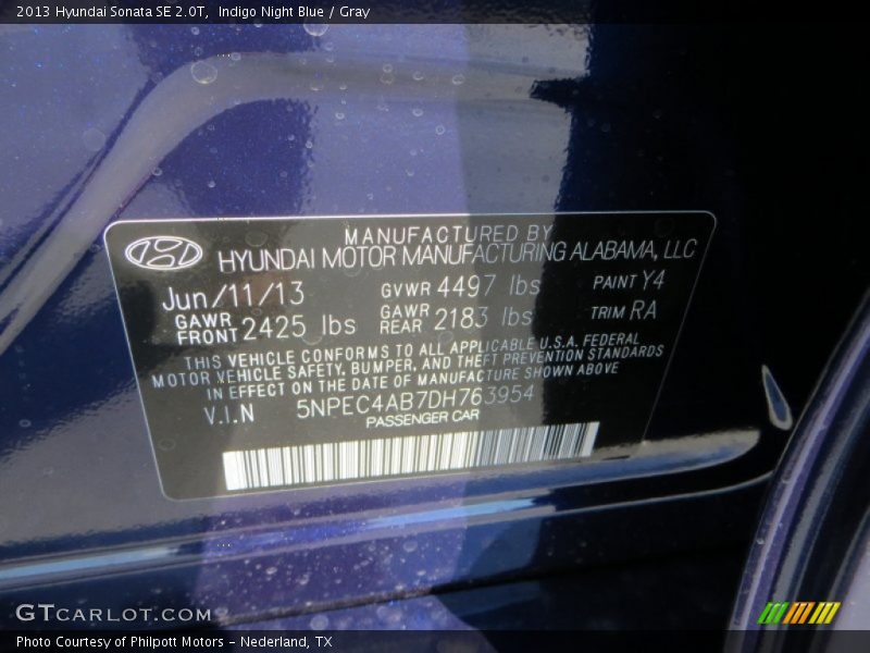 Indigo Night Blue / Gray 2013 Hyundai Sonata SE 2.0T