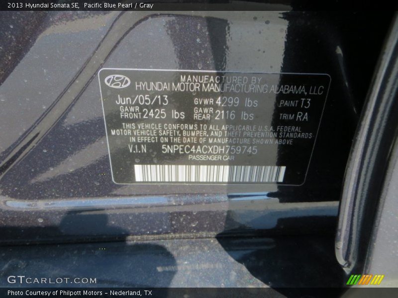 Pacific Blue Pearl / Gray 2013 Hyundai Sonata SE