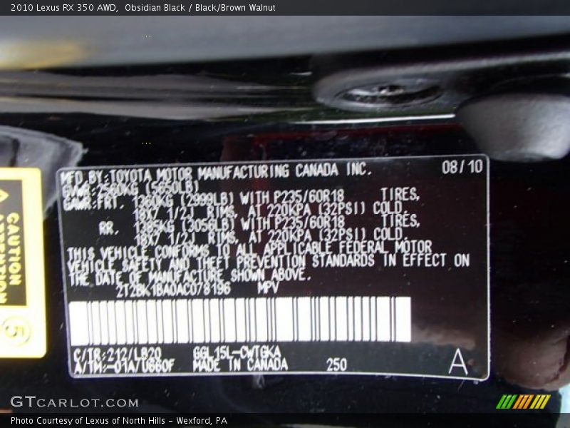 Obsidian Black / Black/Brown Walnut 2010 Lexus RX 350 AWD