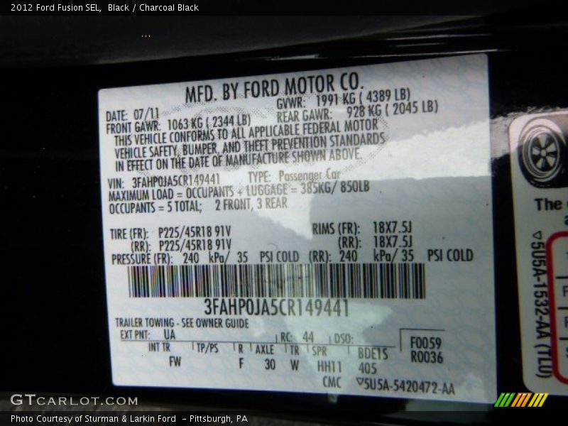 Black / Charcoal Black 2012 Ford Fusion SEL