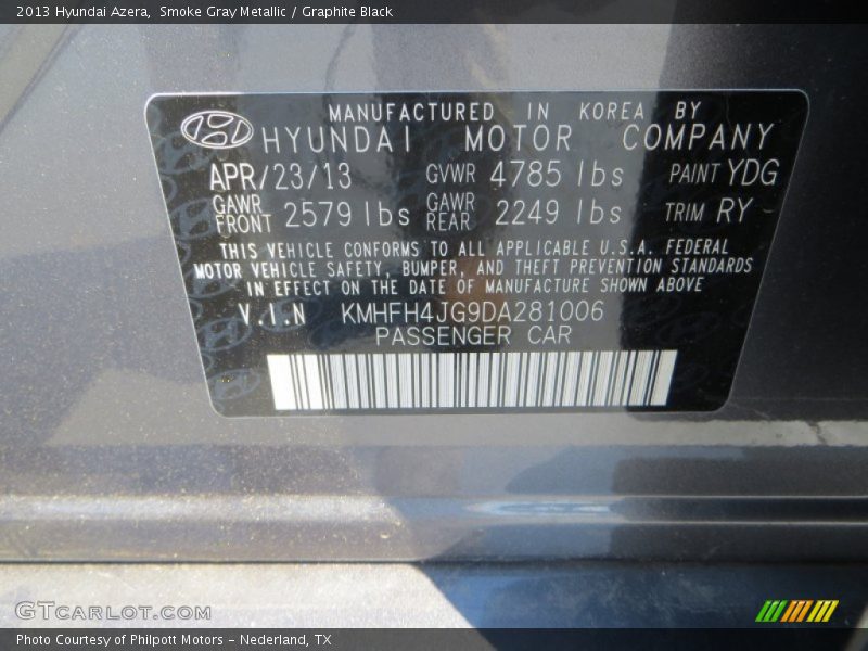 Smoke Gray Metallic / Graphite Black 2013 Hyundai Azera