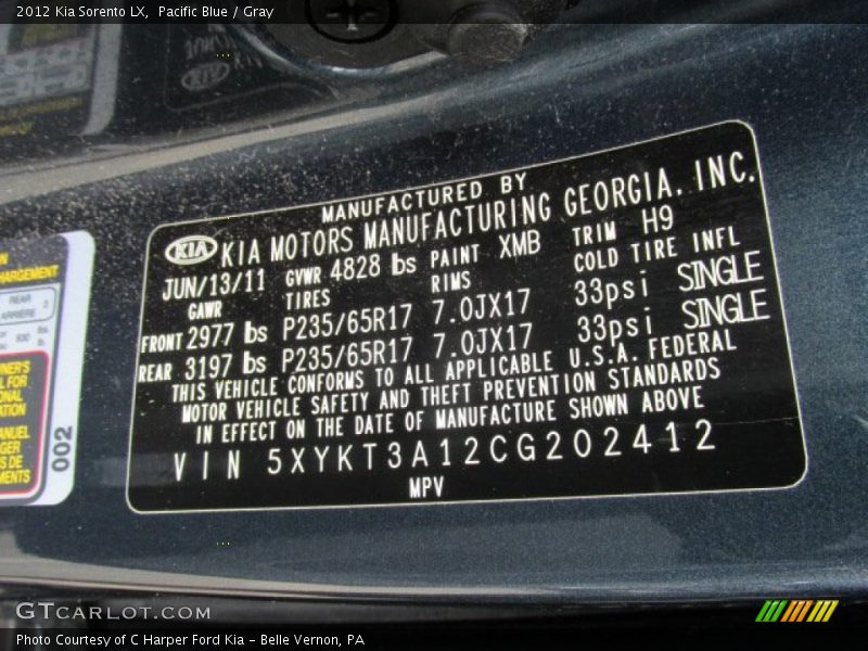 Pacific Blue / Gray 2012 Kia Sorento LX