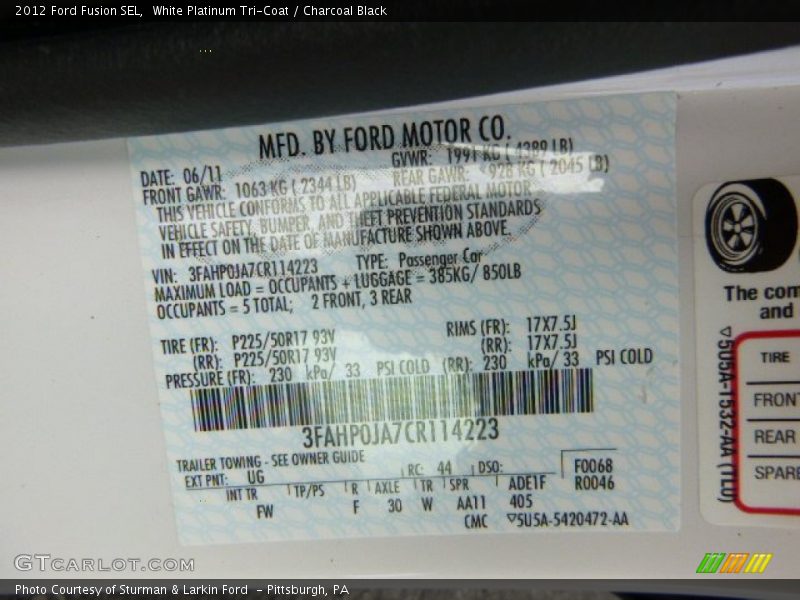 White Platinum Tri-Coat / Charcoal Black 2012 Ford Fusion SEL