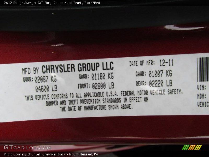 Copperhead Pearl / Black/Red 2012 Dodge Avenger SXT Plus