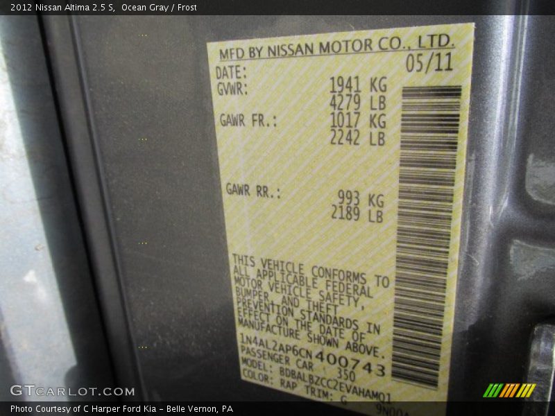 Ocean Gray / Frost 2012 Nissan Altima 2.5 S