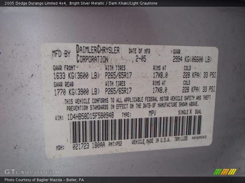 Bright Silver Metallic / Dark Khaki/Light Graystone 2005 Dodge Durango Limited 4x4