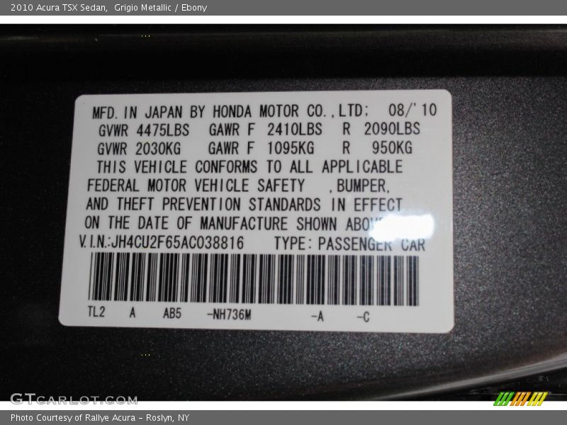 Grigio Metallic / Ebony 2010 Acura TSX Sedan