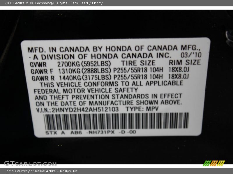 Crystal Black Pearl / Ebony 2010 Acura MDX Technology