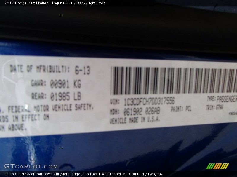 Laguna Blue / Black/Light Frost 2013 Dodge Dart Limited