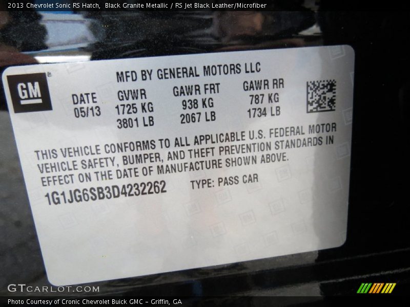Info Tag of 2013 Sonic RS Hatch