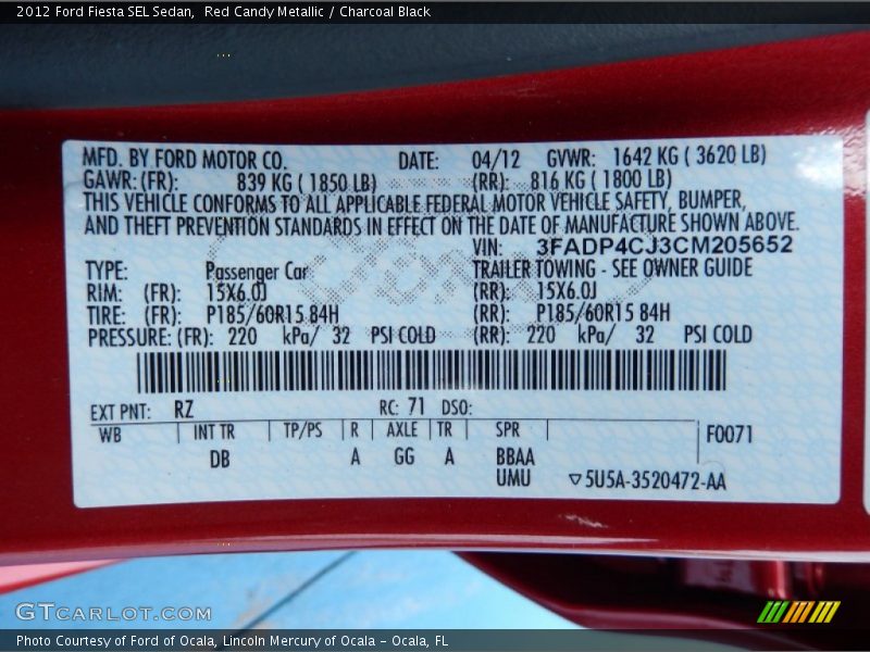 Red Candy Metallic / Charcoal Black 2012 Ford Fiesta SEL Sedan