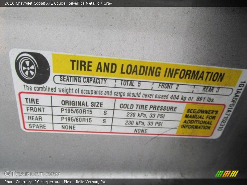 Info Tag of 2010 Cobalt XFE Coupe