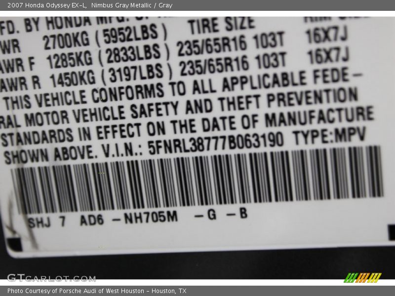 Nimbus Gray Metallic / Gray 2007 Honda Odyssey EX-L