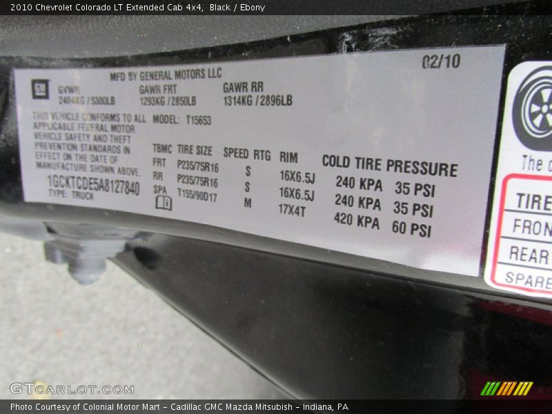 Info Tag of 2010 Colorado LT Extended Cab 4x4