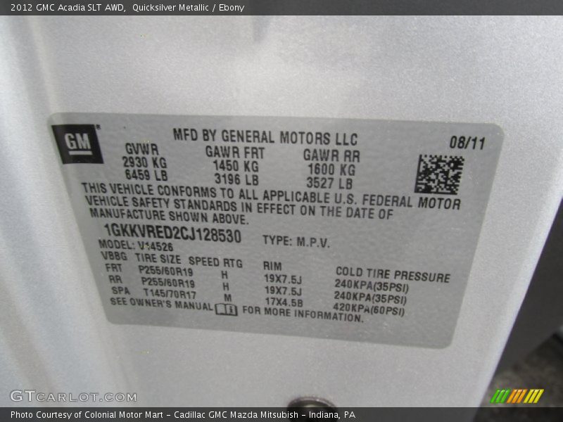 Quicksilver Metallic / Ebony 2012 GMC Acadia SLT AWD