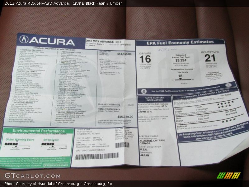  2012 MDX SH-AWD Advance Window Sticker