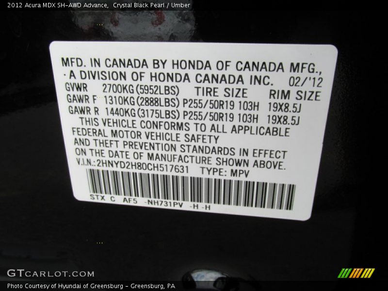 2012 MDX SH-AWD Advance Crystal Black Pearl Color Code NH731PV
