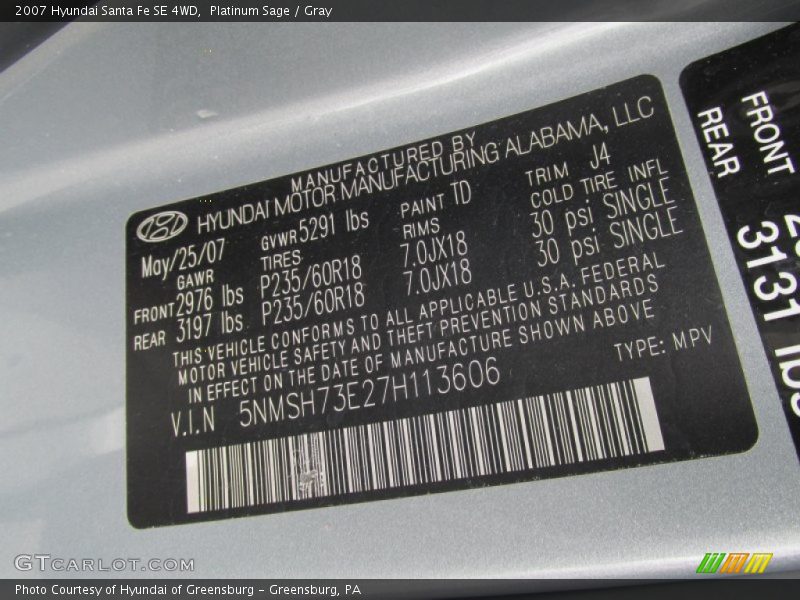 Platinum Sage / Gray 2007 Hyundai Santa Fe SE 4WD